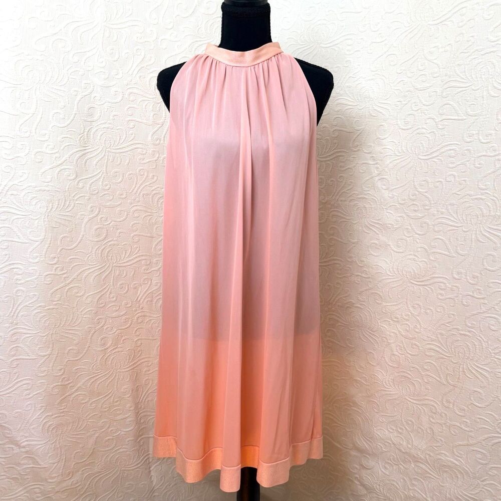 VTG 60s 70s Sears Peignoir Set Peach Nylon Sheer Nightgown Duster Robe Lounge M